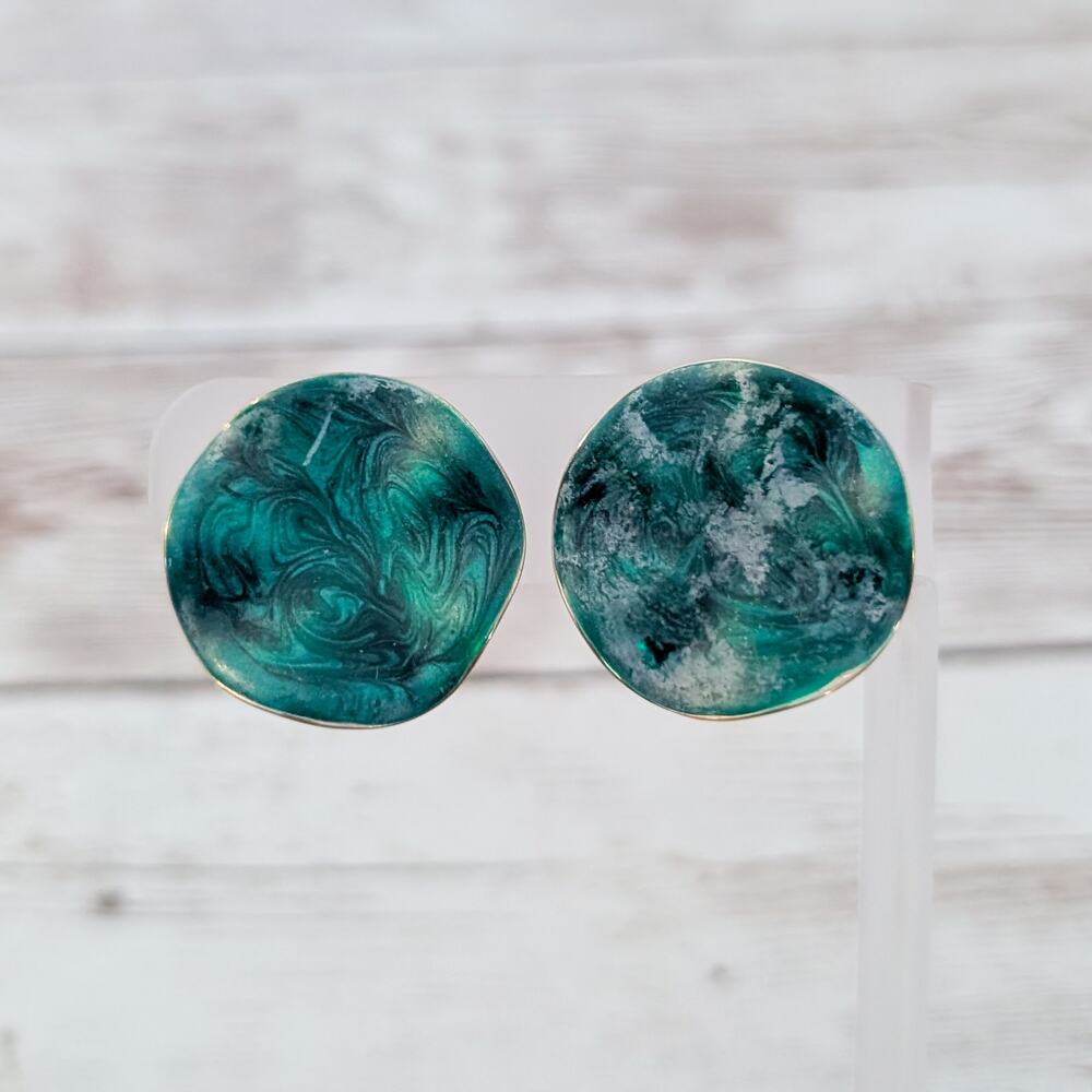Vintage Avon Clip On Earrings Green Wavy Circle - Damaged